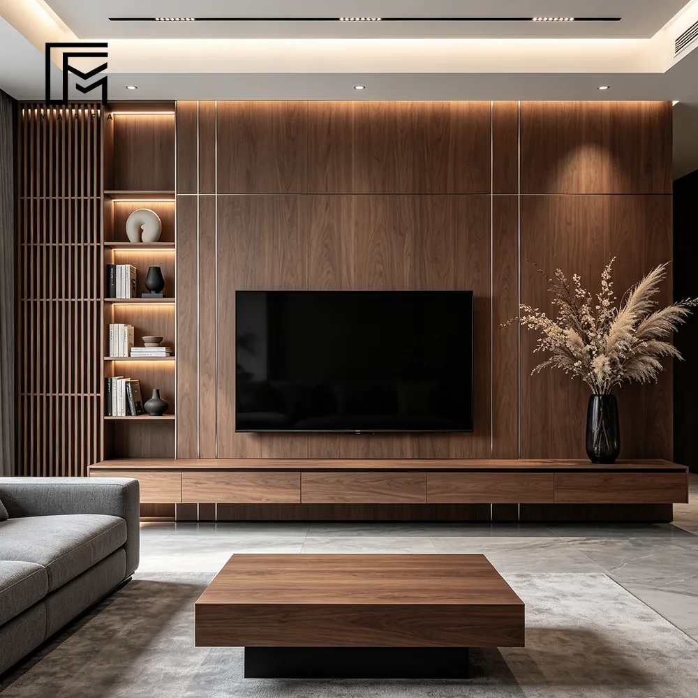 Integrated Fireplace Media Wall for international furniture procurement