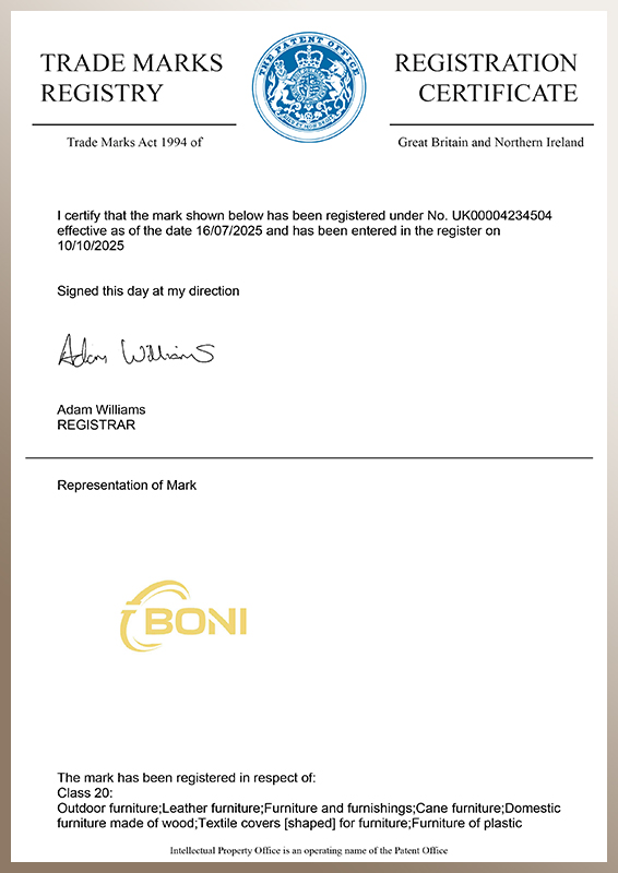 United Kingdom BONI trademark registration certificate supplied for review