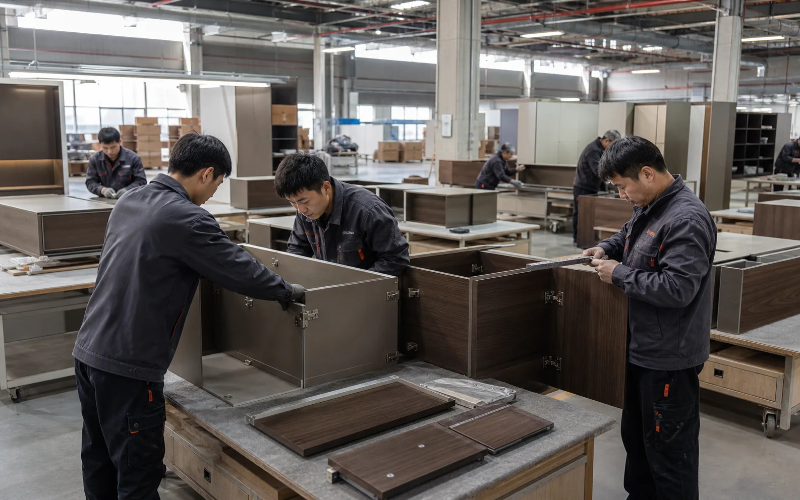 Chinese cabinetry workers assembling cabinets while dimensional and hardware checks are completed