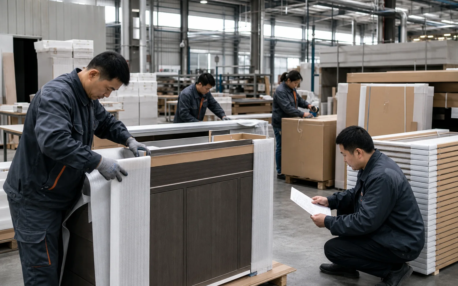 Chinese furniture factory team applying export protection and checking a packing release record