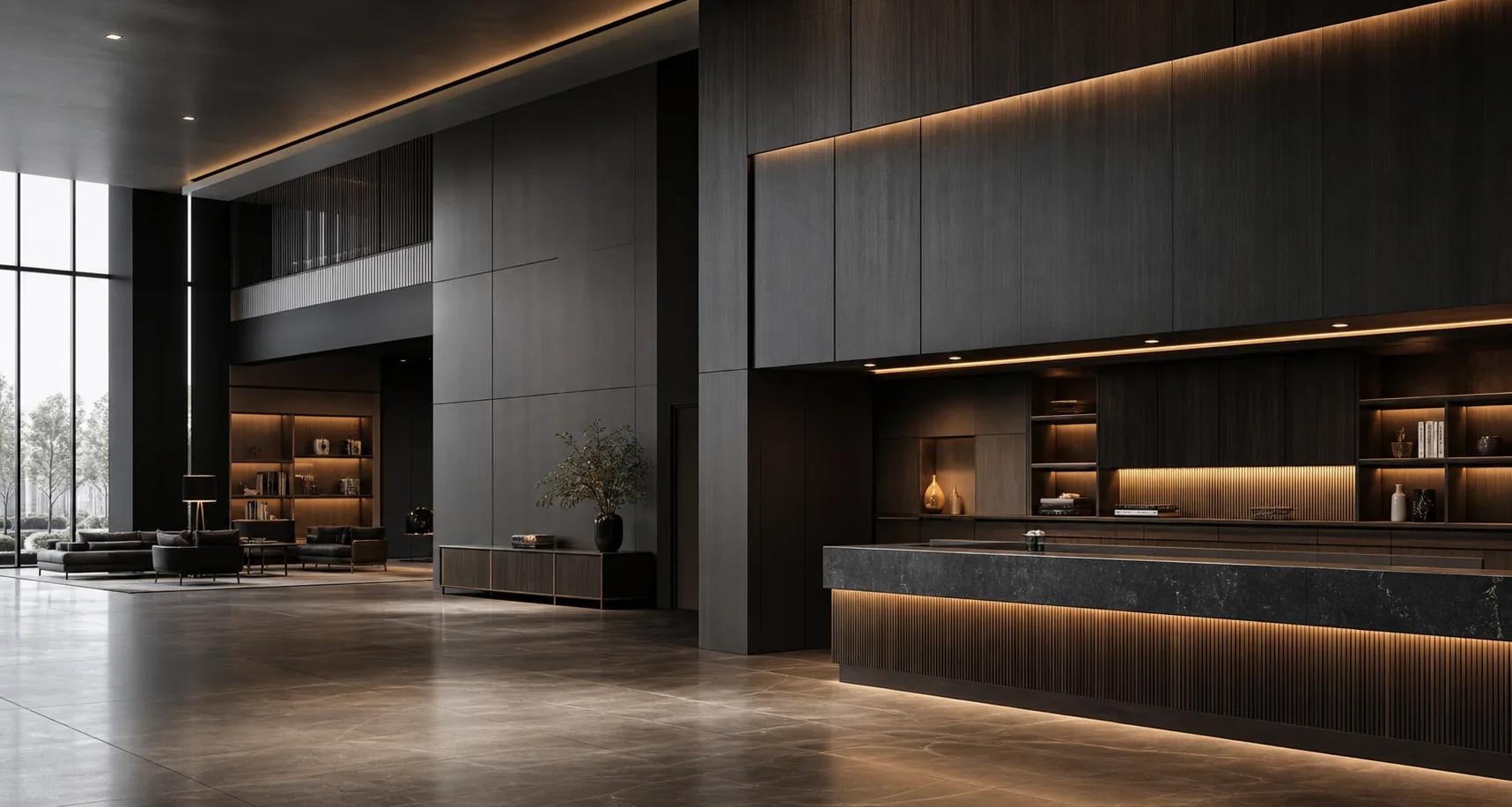 Hotel lobby with integrated reception and public-area casework