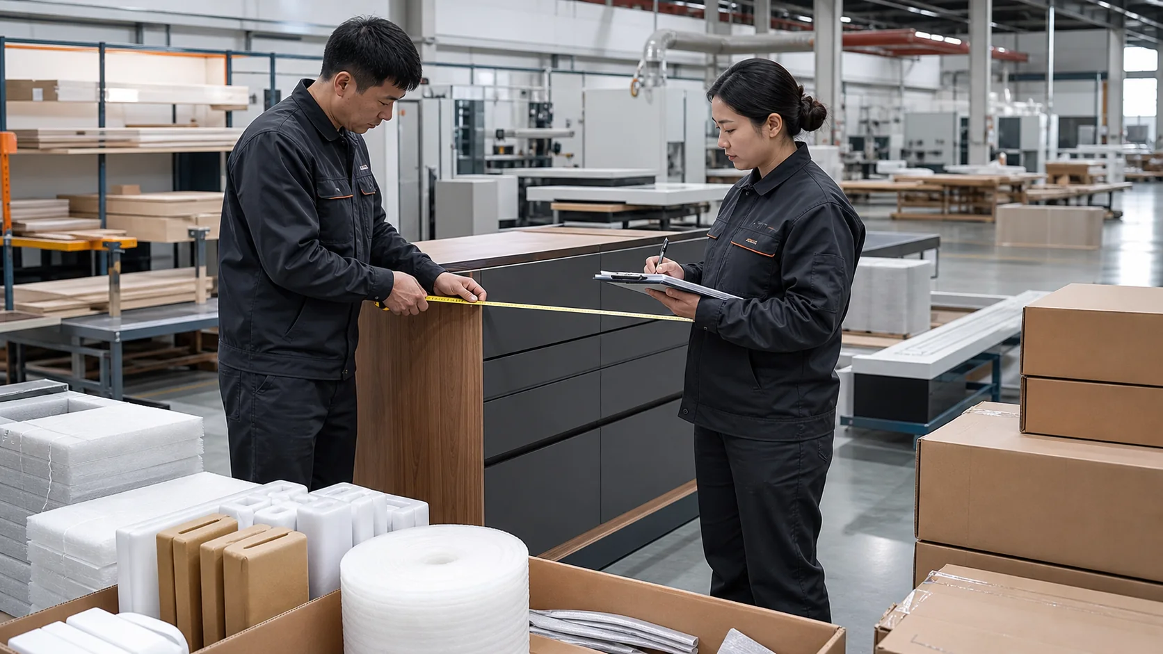 Furniture quality inspectors checking a completed custom cabinet