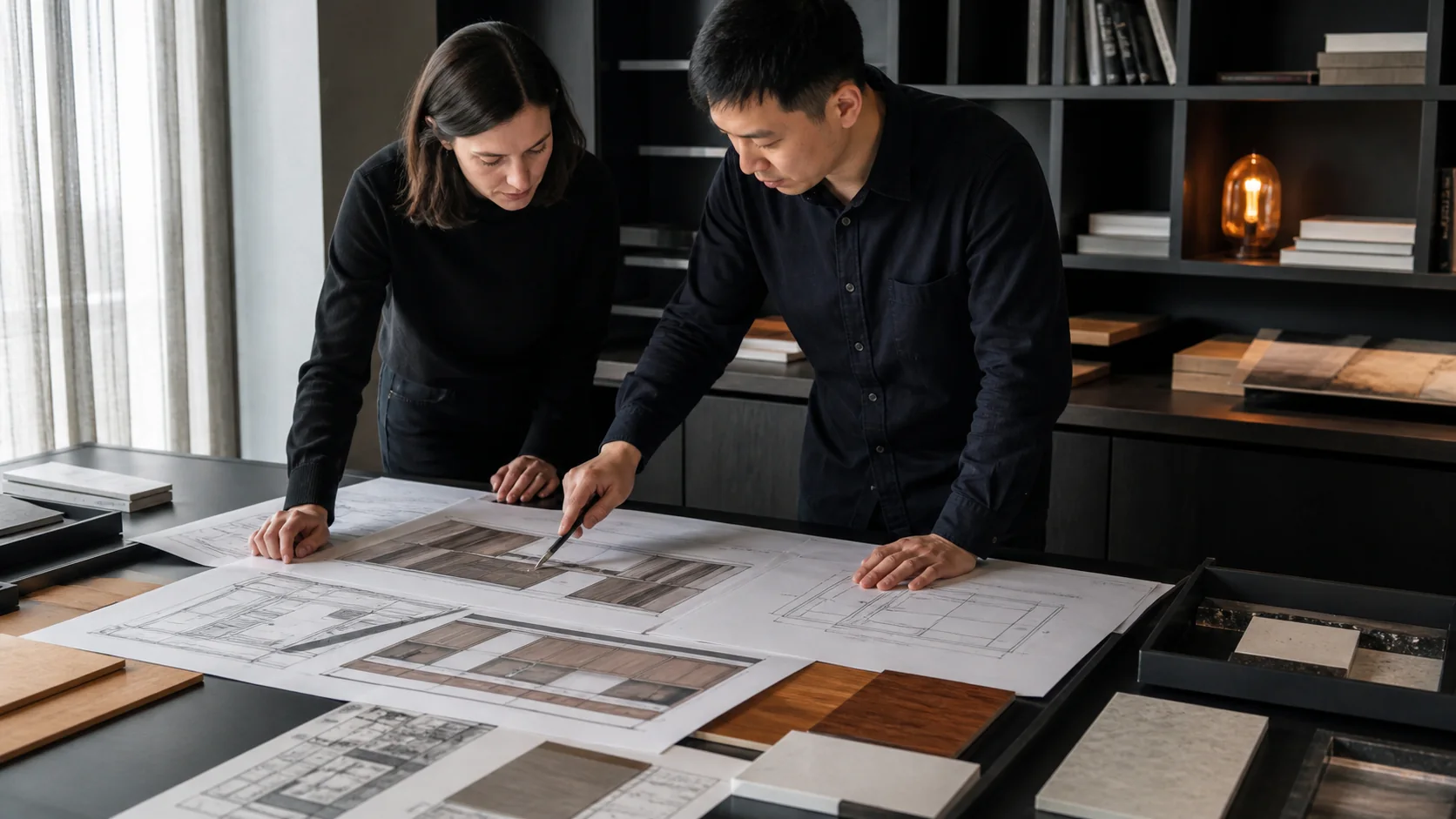 Project team reviewing an RFQ and furniture drawings