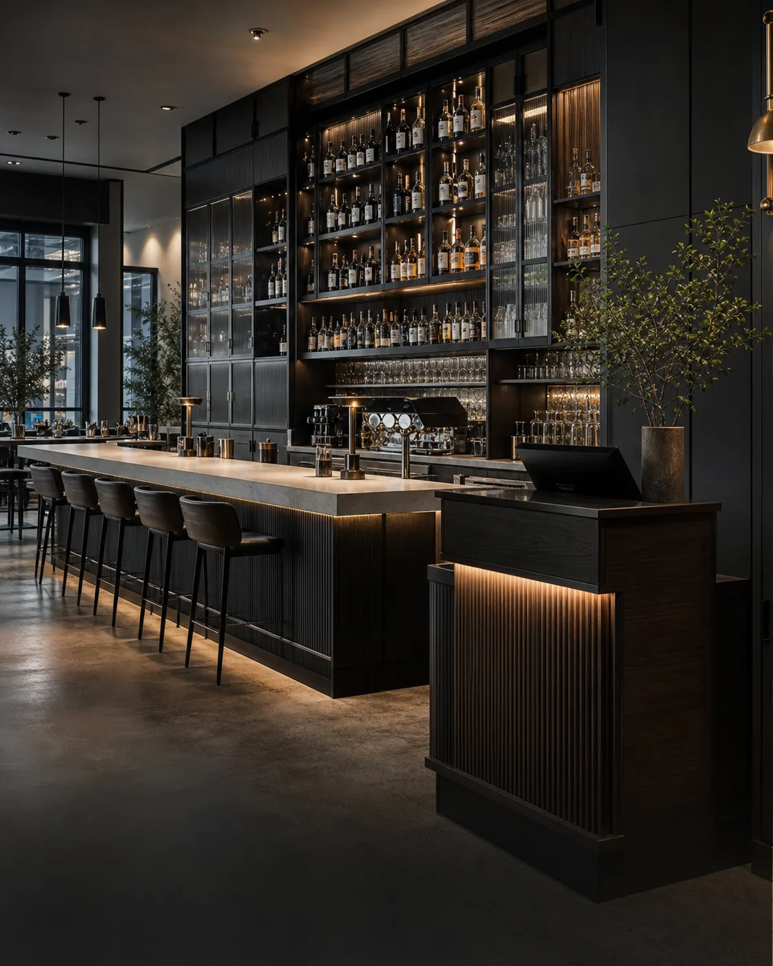 restaurant and bar casework environment with coordinated furniture and casework